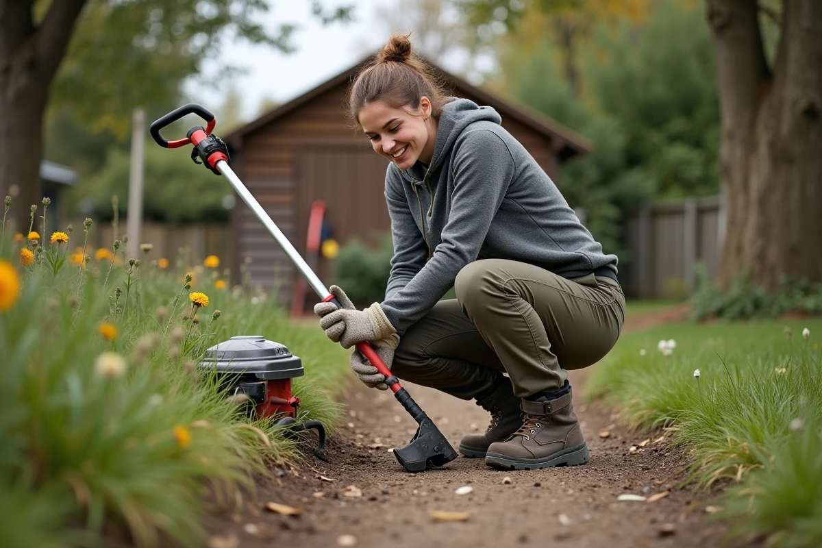Femme ajustant un coupe-branches dans un jardin rural
