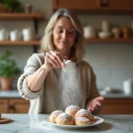 Femme saupoudrant délicatement du sucre sur des pâtisseries
