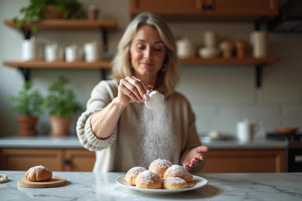 Femme saupoudrant délicatement du sucre sur des pâtisseries