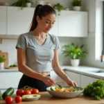 Femme préparant un bol de légumes et fruits frais dans une cuisine moderne pour adopter une alimentation saine