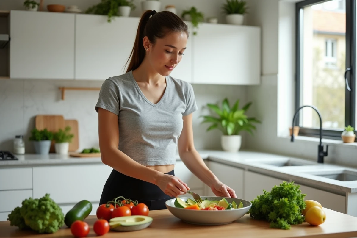 Femme préparant un bol de légumes et fruits frais dans une cuisine moderne pour adopter une alimentation saine