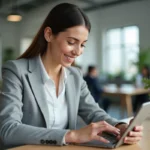 Femme professionnelle utilisant l'application Voplav sur smartphone dans un bureau moderne