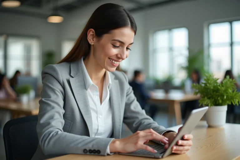 Femme professionnelle utilisant l'application Voplav sur smartphone dans un bureau moderne