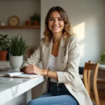 Femme souriante dans une cuisine moderne et lumineuse