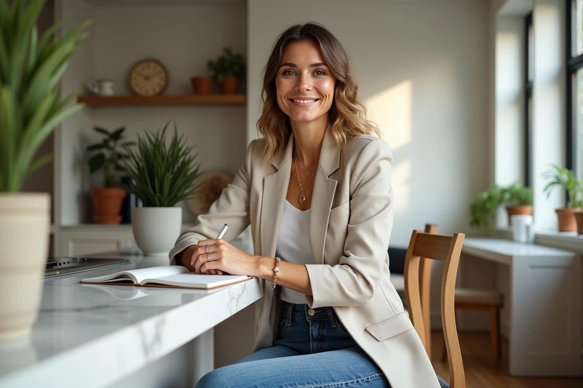 Femme souriante dans une cuisine moderne et lumineuse