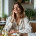 Femme appliquant une huile botanique sur le visage