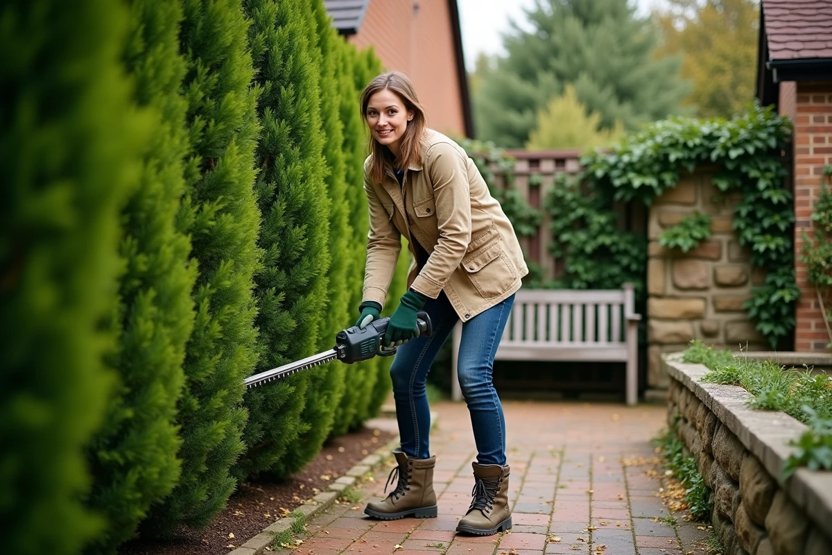 Femme utilisant une taille-haie électrique pour sculpter une haute haie d'if dans un jardin structuré