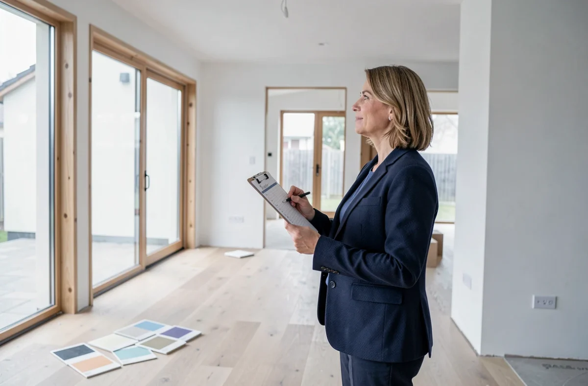 Femme vérifiant l'avancement des finitions intérieures de sa future maison