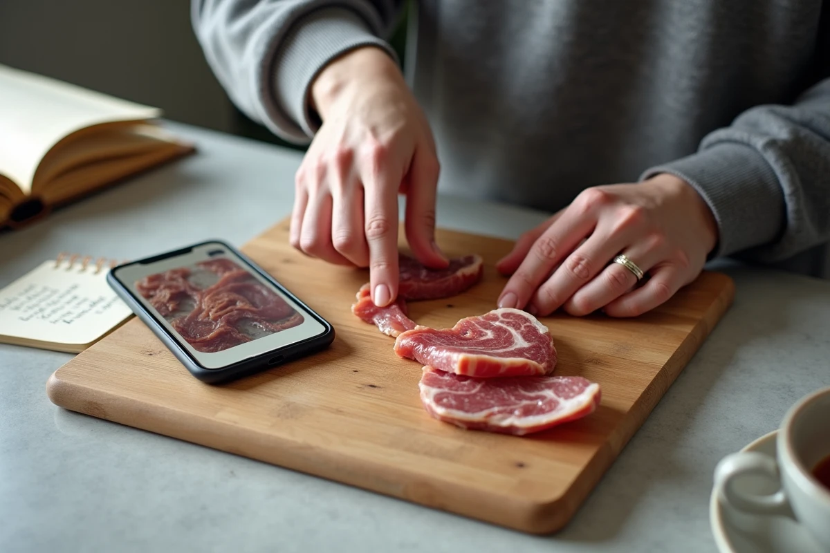 Lardons sur une planche à découper avec vérification de la fraîcheur par la texture et l'odeur