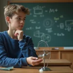 Jeune garçon curieux avec gyroscope en classe