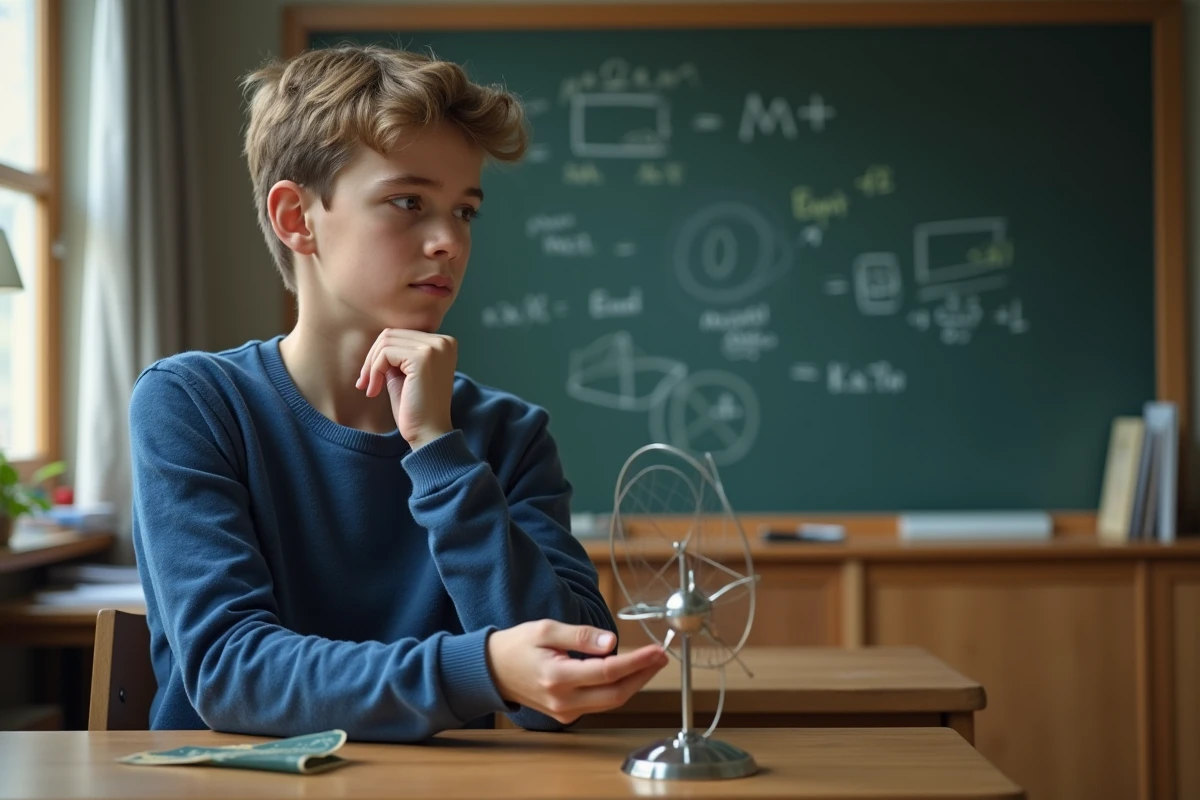 Jeune garçon curieux avec gyroscope en classe