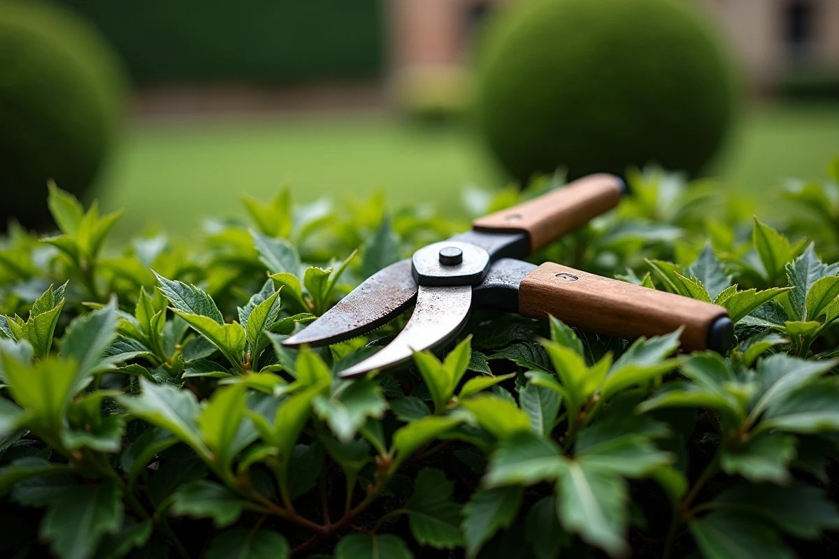 Gros plan sur une haie de charme fraîchement taillée avec un sécateur professionnel posé dessus dans un jardin formel