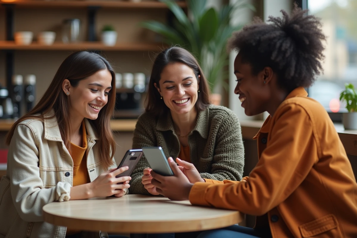 Groupe de collègues partageant une application de communication sur smartphone dans un café urbain