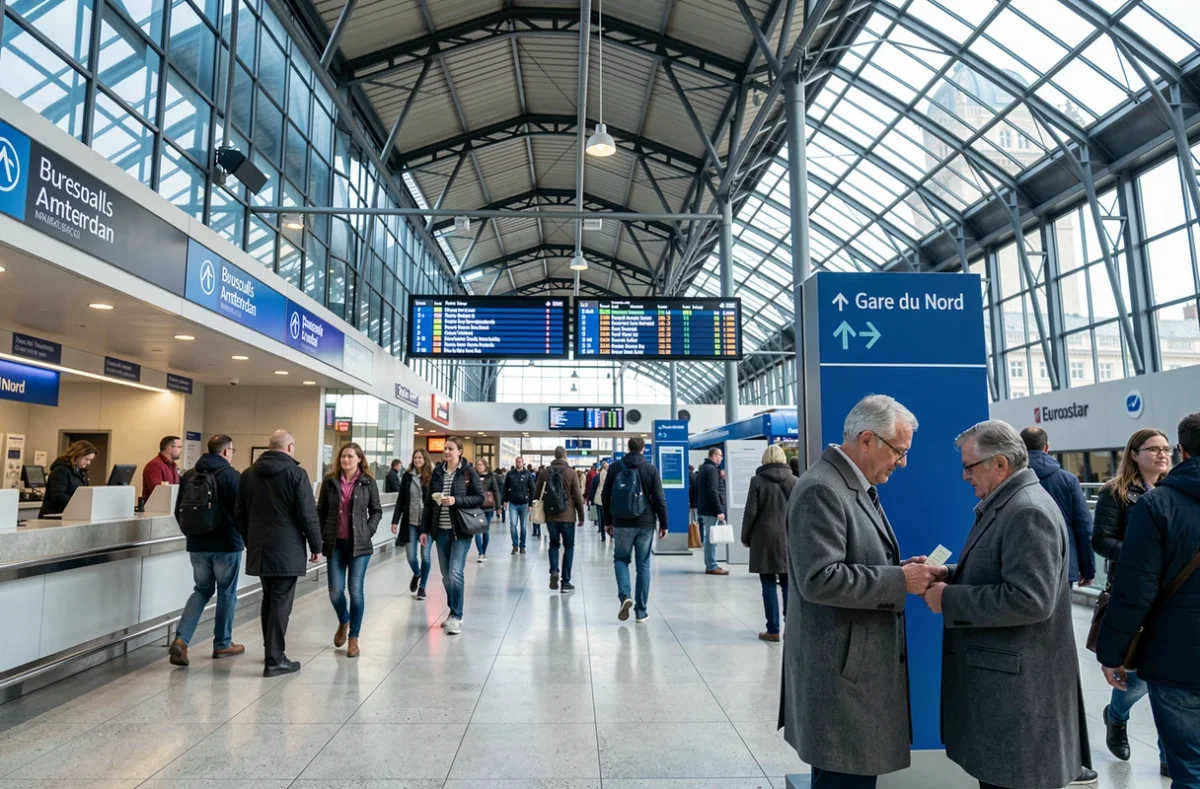 Hall de départ Eurostar à la Gare du Nord de Paris avec voyageurs et panneaux de destinations européennes