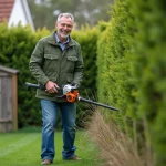 Homme d'âge moyen avec coupe-branches dans un jardin verdoyant