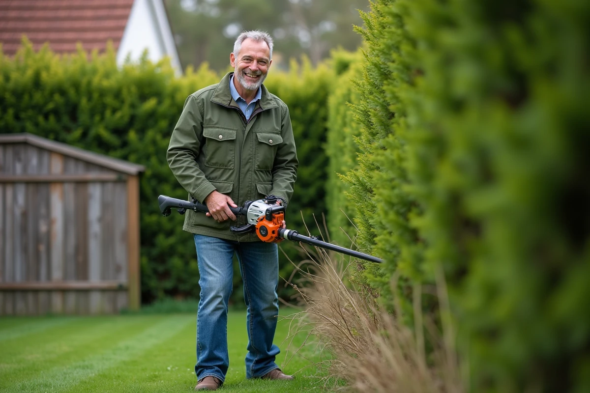 Homme d'âge moyen avec coupe-branches dans un jardin verdoyant