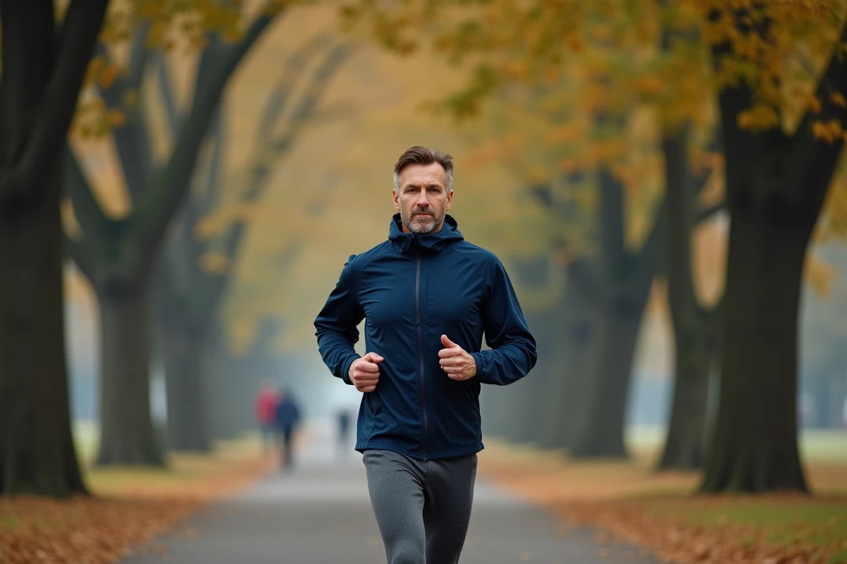 Homme faisant du jogging dans un parc urbain entouré d'arbres en automne pour illustrer un mode de vie sain et actif