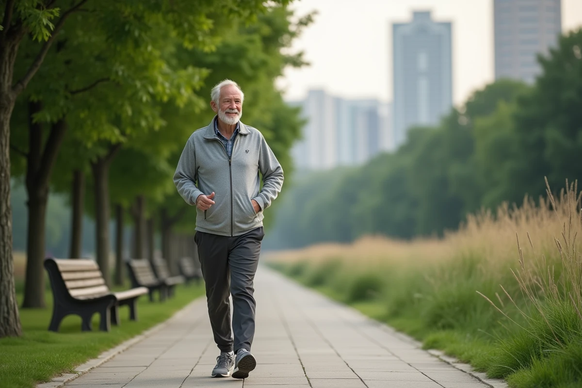 Homme âgé marchant dans un parc vert et paisible