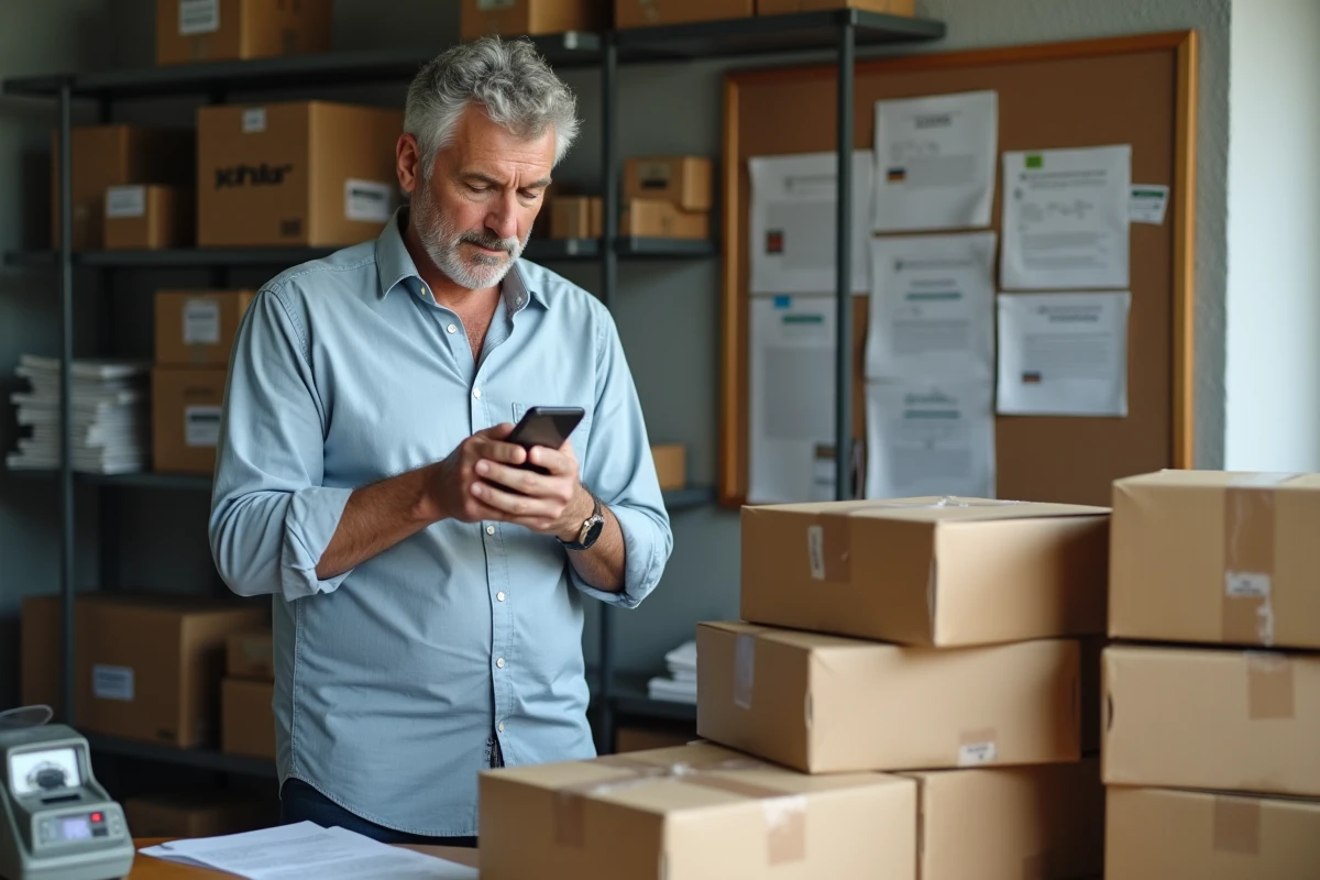 Homme vérifiant ses colis pour la vente en ligne dans un bureau organisé