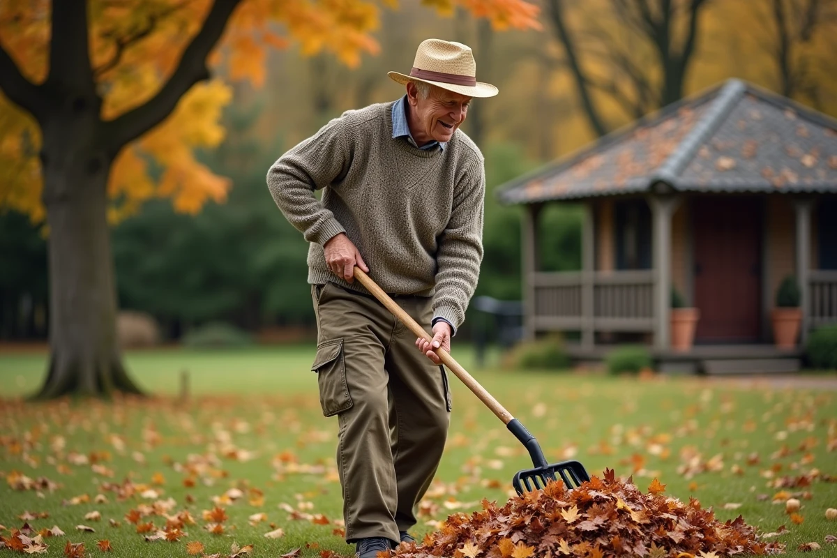 Homme âgé ratiste des feuilles en jardin d