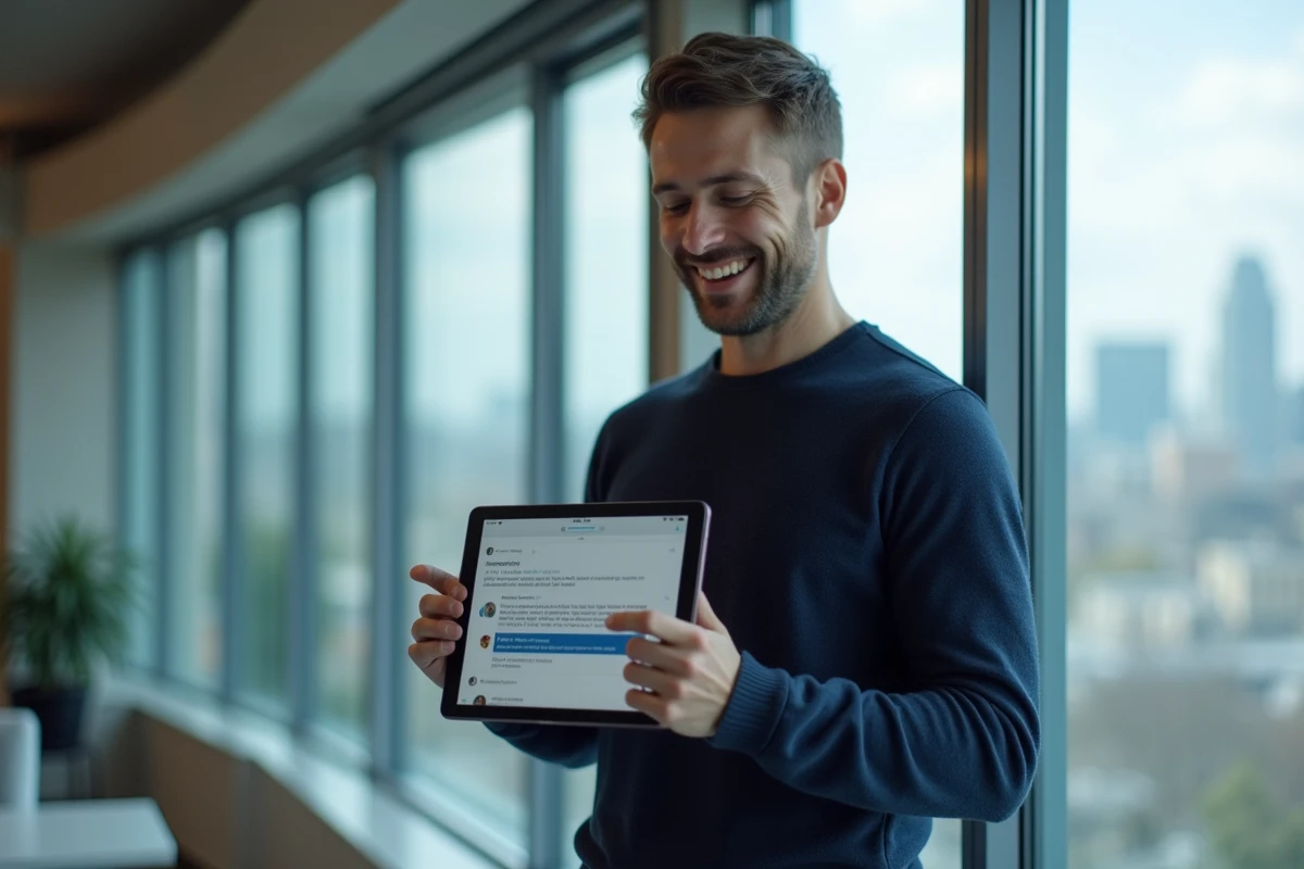 Homme utilisant une tablette avec une application de communication dans un espace de coworking contemporain