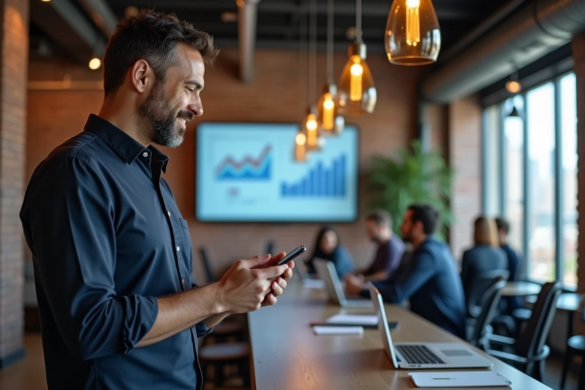 Homme d'affaires consultant des tendances web et des données numériques sur smartphone dans un espace de coworking urbain en 2024