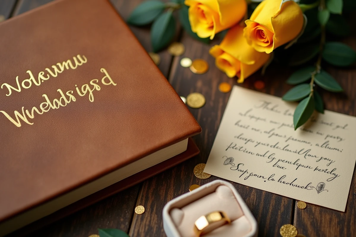 Sélection de cadeaux pour noces d'or disposés en flat-lay sur une table en bois rustique