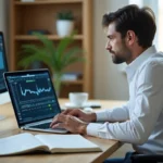 Investisseur professionnel analysant des graphiques boursiers d'Air Liquide sur un ordinateur portable dans un bureau moderne
