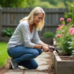 Femme moyenne âge prune un arbuste en jardin