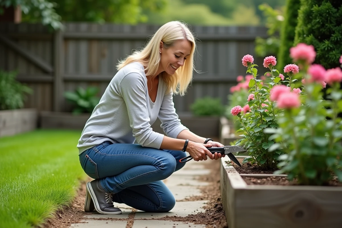 Femme moyenne âge prune un arbuste en jardin