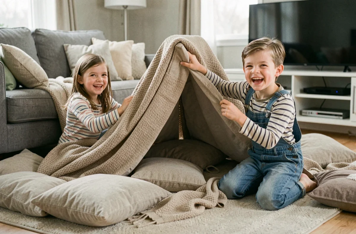 Une fillette et un garçon construisant une cabane avec des coussins et des couvertures dans un salon familial, activité ludique à la maison