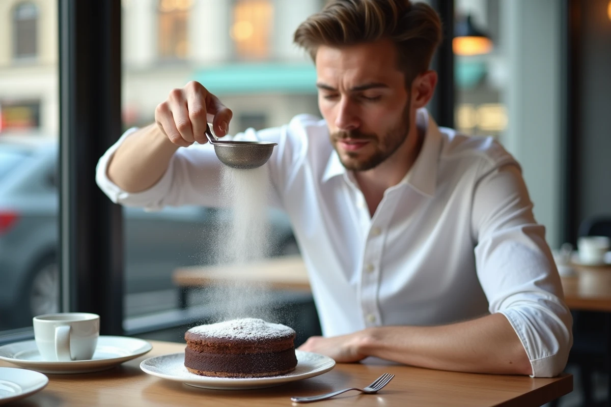Jeune homme saupoudrant du sucre sur un gâteau au café