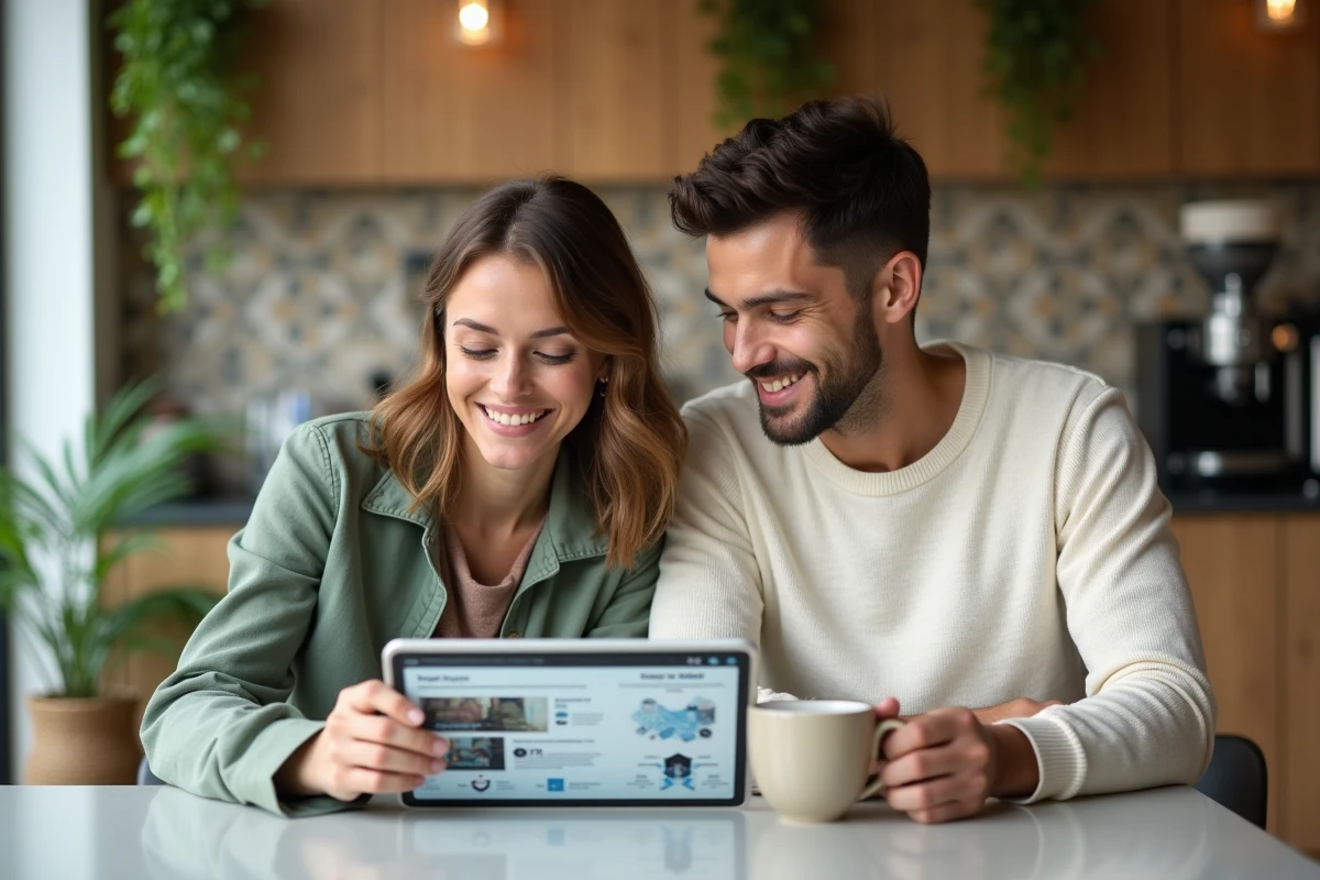 Deux jeunes professionnels discutant de l'actualité technologique et des tendances numériques 2024 autour d'une tablette dans un café moderne