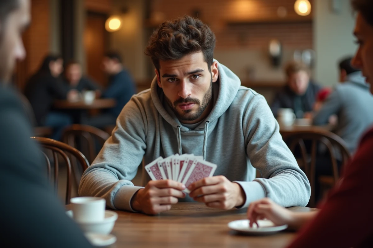 Jeune homme concentré tenant ses cartes lors d'une partie de jeu 7 14 21 dans un café urbain