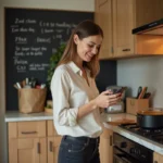 Maman active multitâche dans une cuisine moderne, consultant son téléphone tout en préparant le repas familial