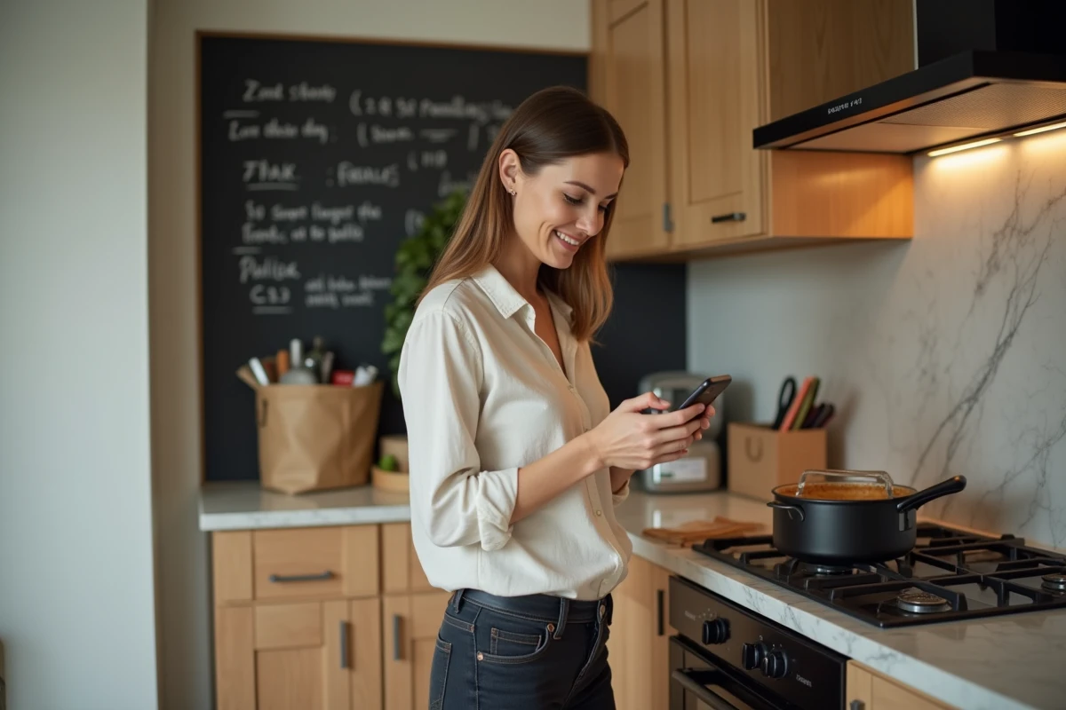 Maman active multitâche dans une cuisine moderne, consultant son téléphone tout en préparant le repas familial