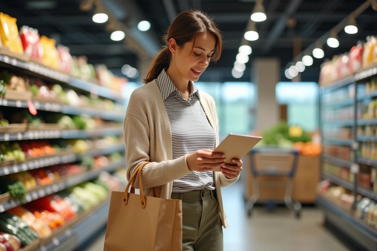 Maman organisée faisant ses courses avec une liste de repas planifiés et un sac réutilisable dans un supermarché