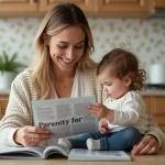 Maman et enfant lisant un magazine dans la cuisine chaleureuse