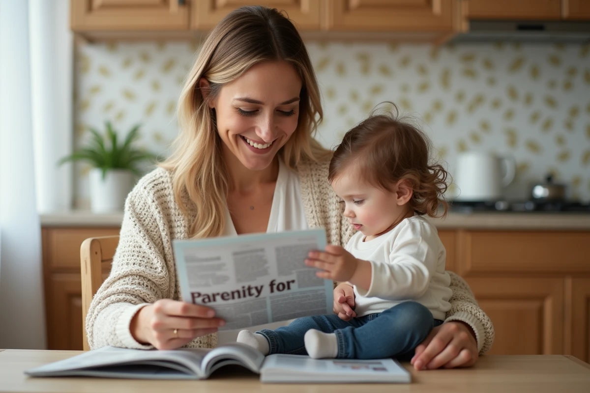 Maman et enfant lisant un magazine dans la cuisine chaleureuse