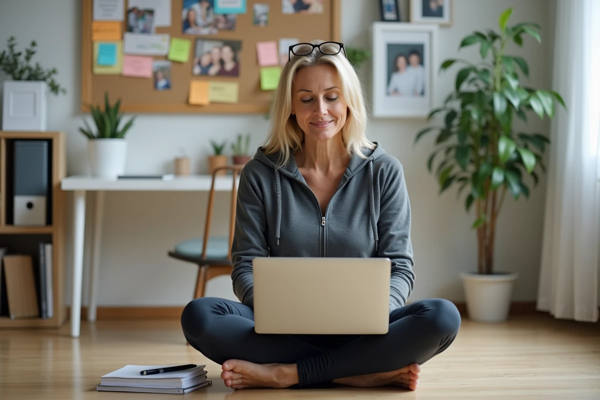 Maman active travaillant depuis son bureau à domicile avec un ordinateur portable et un carnet de notes organisé