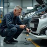 Mécanicien professionnel utilisant un scanner OBD pour diagnostiquer le code P1445 sur une Peugeot dans un garage automobile