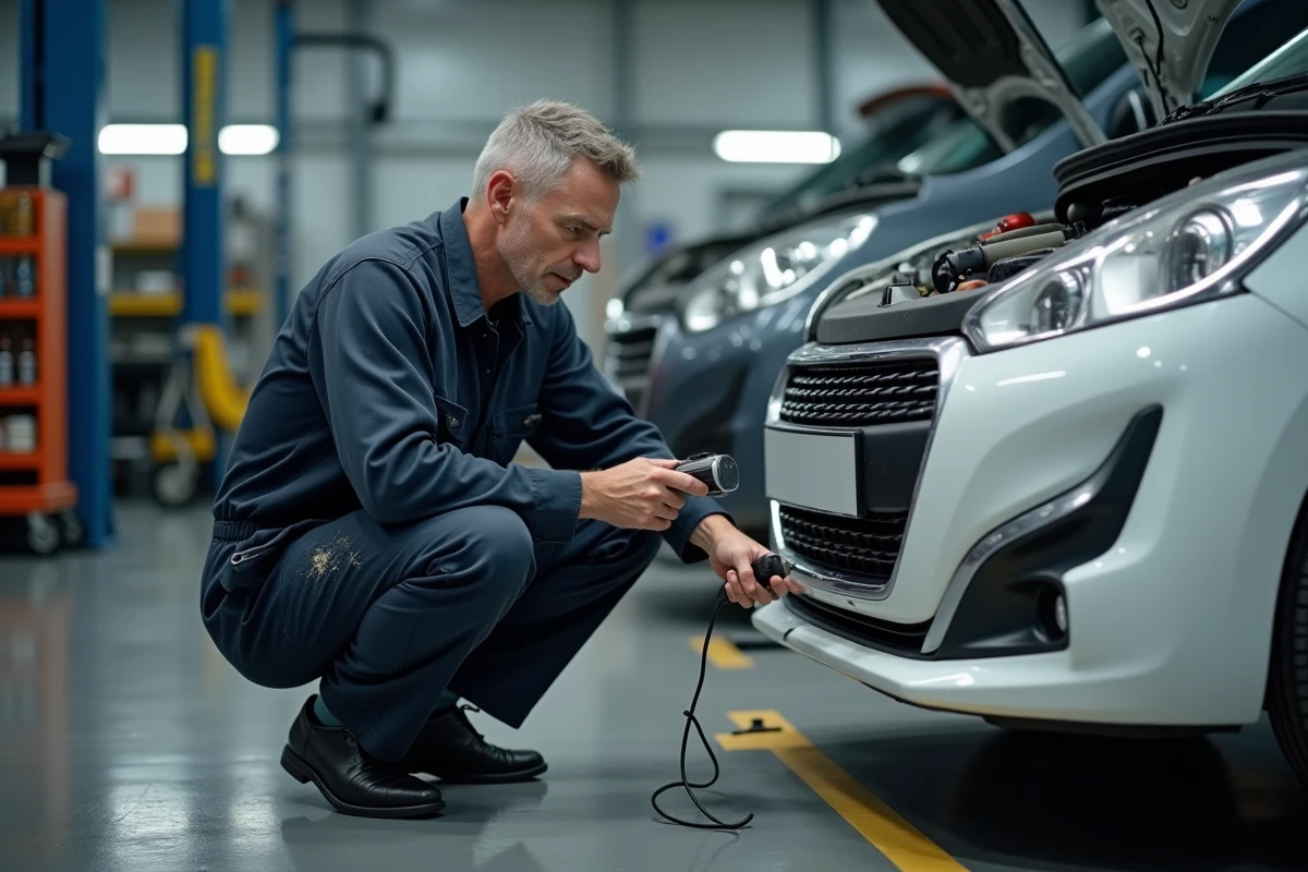 Mécanicien professionnel utilisant un scanner OBD pour diagnostiquer le code P1445 sur une Peugeot dans un garage automobile
