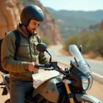 Motard en veste textile debout près d'une moto d'aventure à grand réservoir sur une route de gravier en France