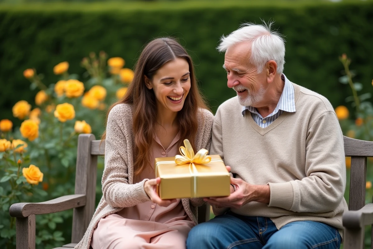 Fille adulte offrant un cadeau à ses parents pour leurs noces d'or dans un jardin fleuri