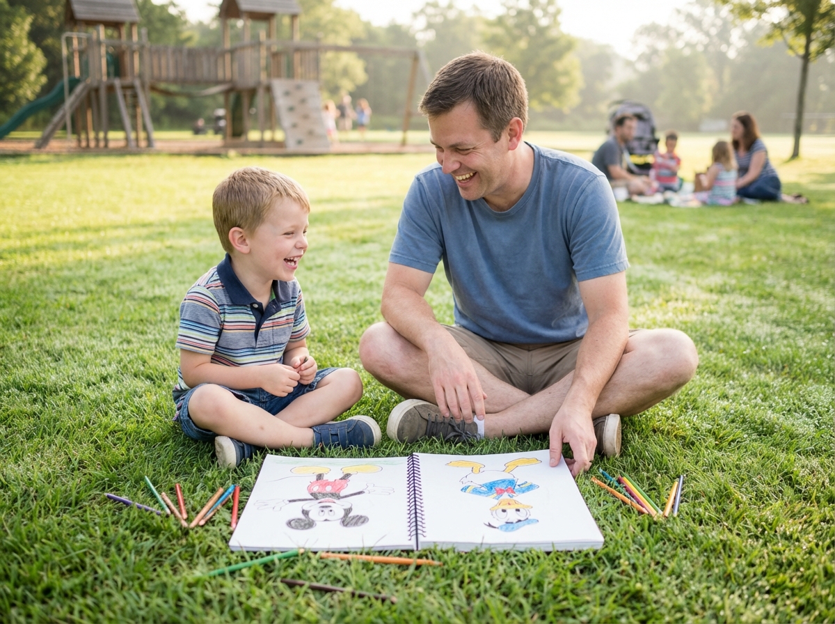 Père et fils dessinant ensemble dans un parc vert