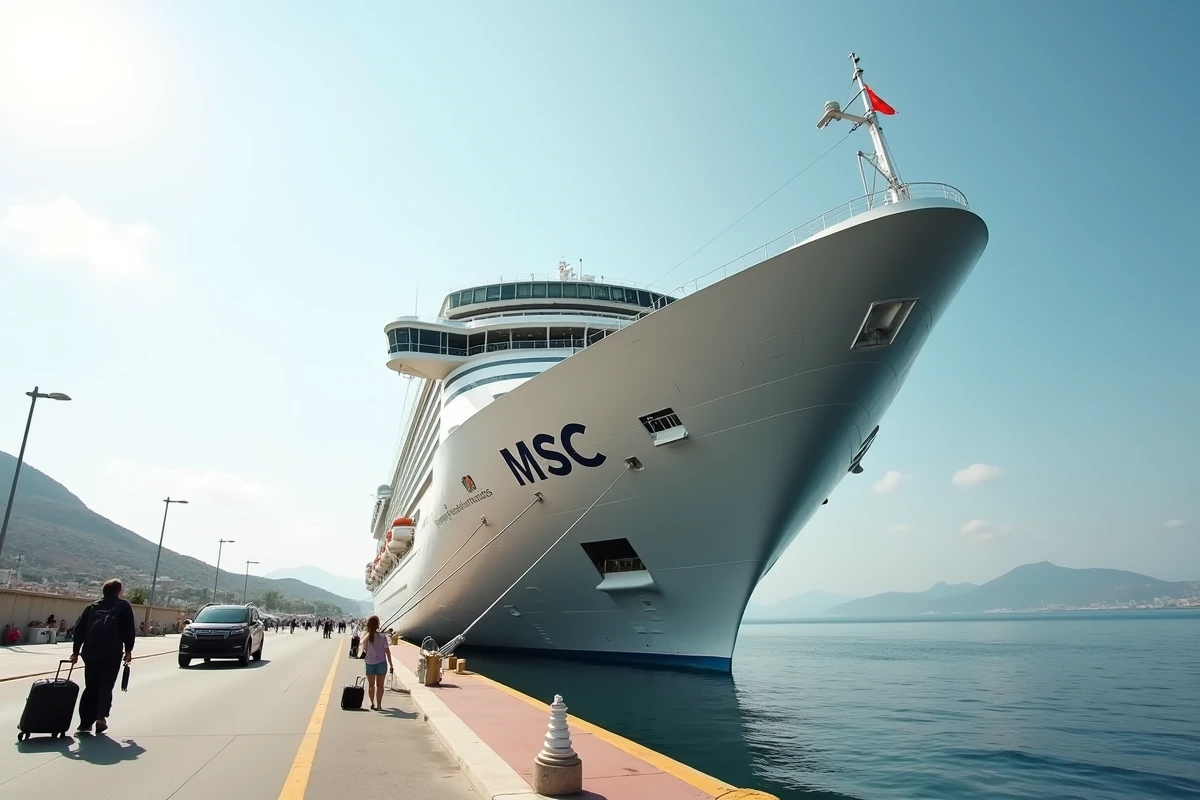 Paquebot MSC amarré dans un port méditerranéen avec passagers au quai