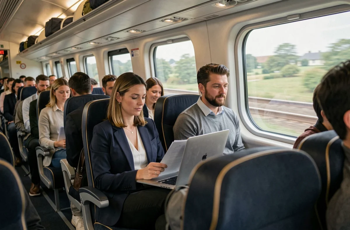 Passagers à bord d'un train Eurostar traversant la campagne française avec vue sur le paysage extérieur