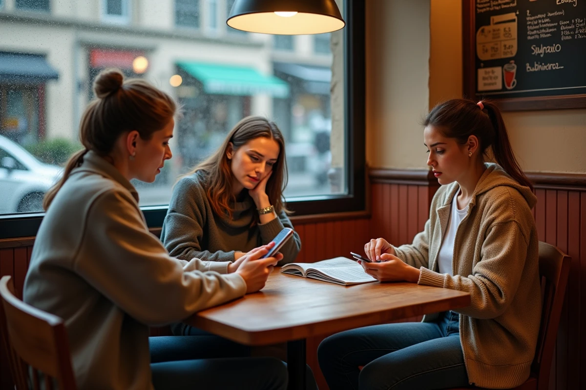 Groupe de personnes lisant les actualités nationales et internationales sur smartphone et journal dans un café urbain