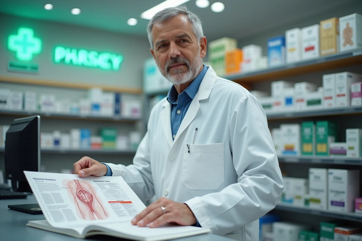 Pharmacien expliquant les causes et symptômes des hémorroïdes externes à l'aide d'un livre médical de proctologie