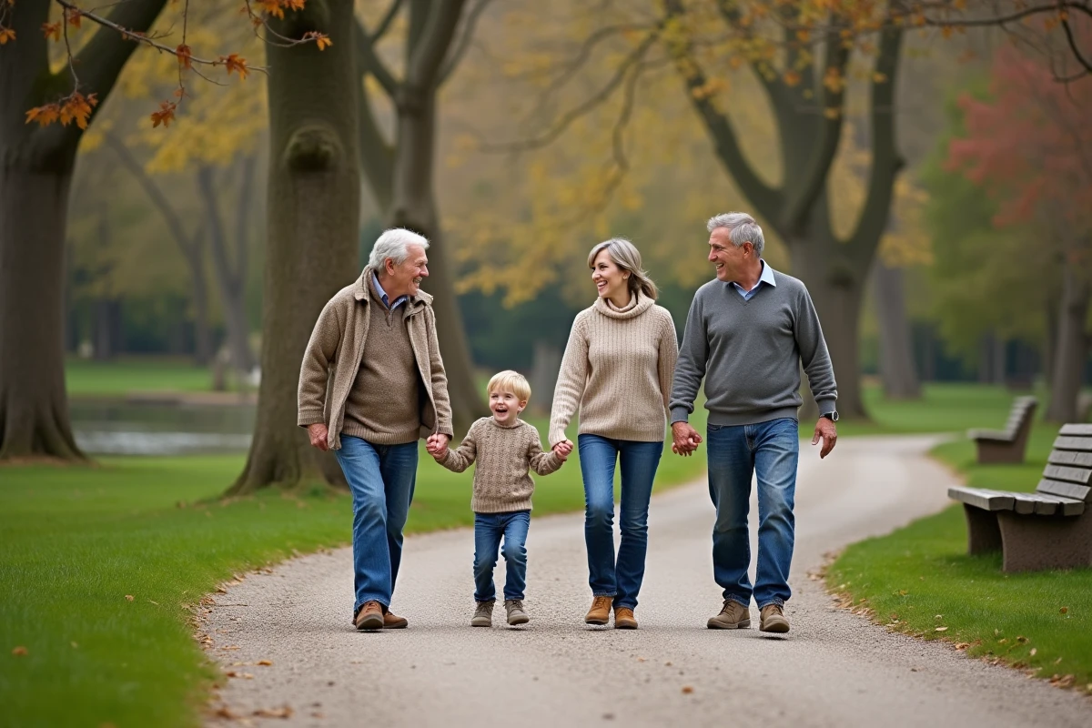 Trois générations marchant dans un parc verdoyant en famille